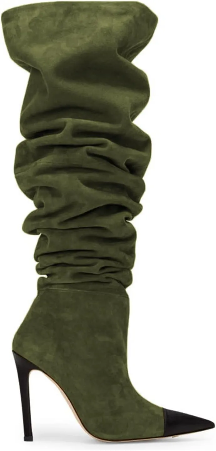 Women Soft Plicated Suede Stiletto Heel Knee High Boots, Sexy Cap Toe Thigh Boots, Retro Patchwork Black Mid-Calf Boots, Stretch Slip-on Winter Warm Boots for Dress up, Full Size 4-16 M US