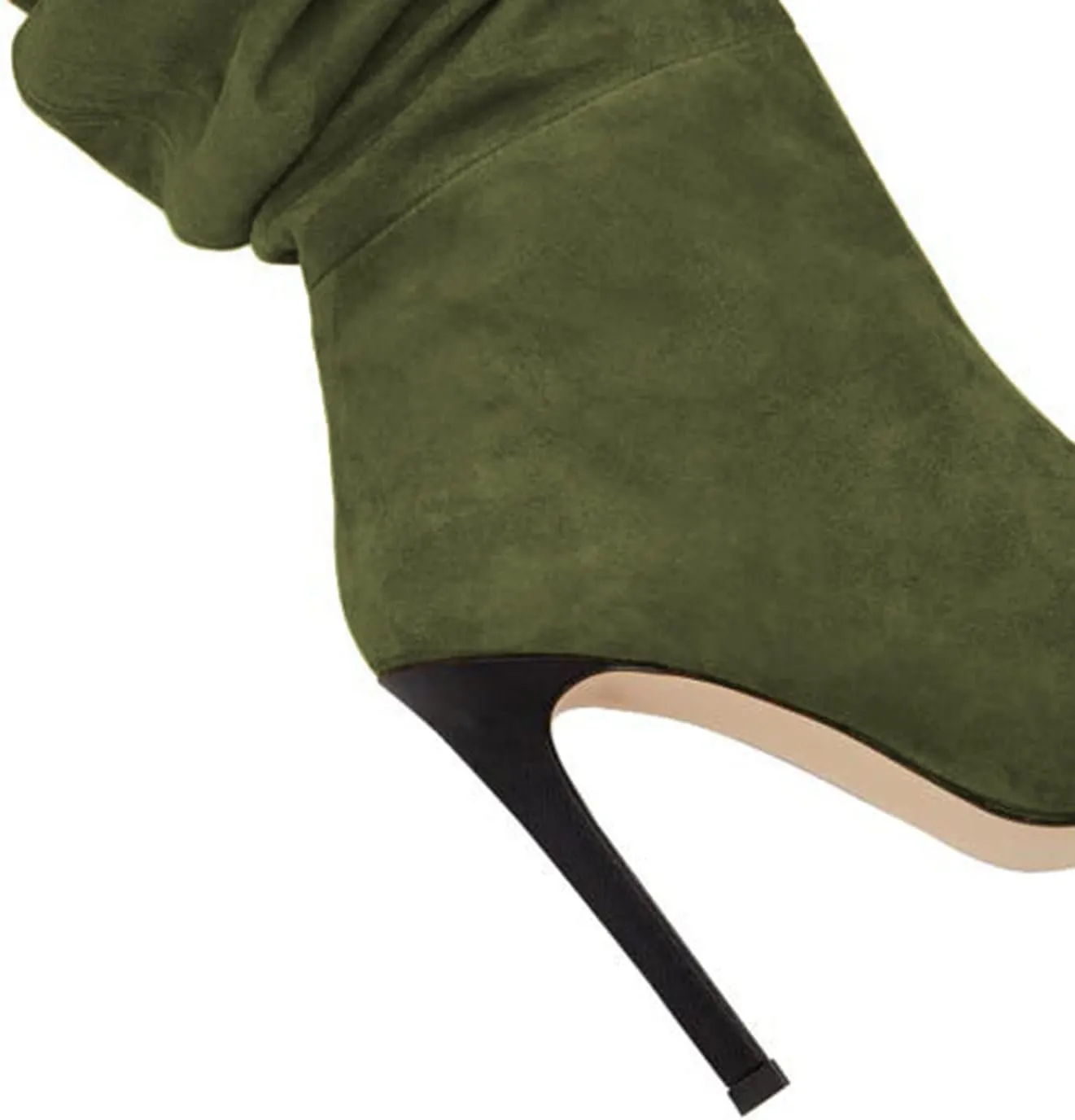 Women Soft Plicated Suede Stiletto Heel Knee High Boots, Sexy Cap Toe Thigh Boots, Retro Patchwork Black Mid-Calf Boots, Stretch Slip-on Winter Warm Boots for Dress up, Full Size 4-16 M US