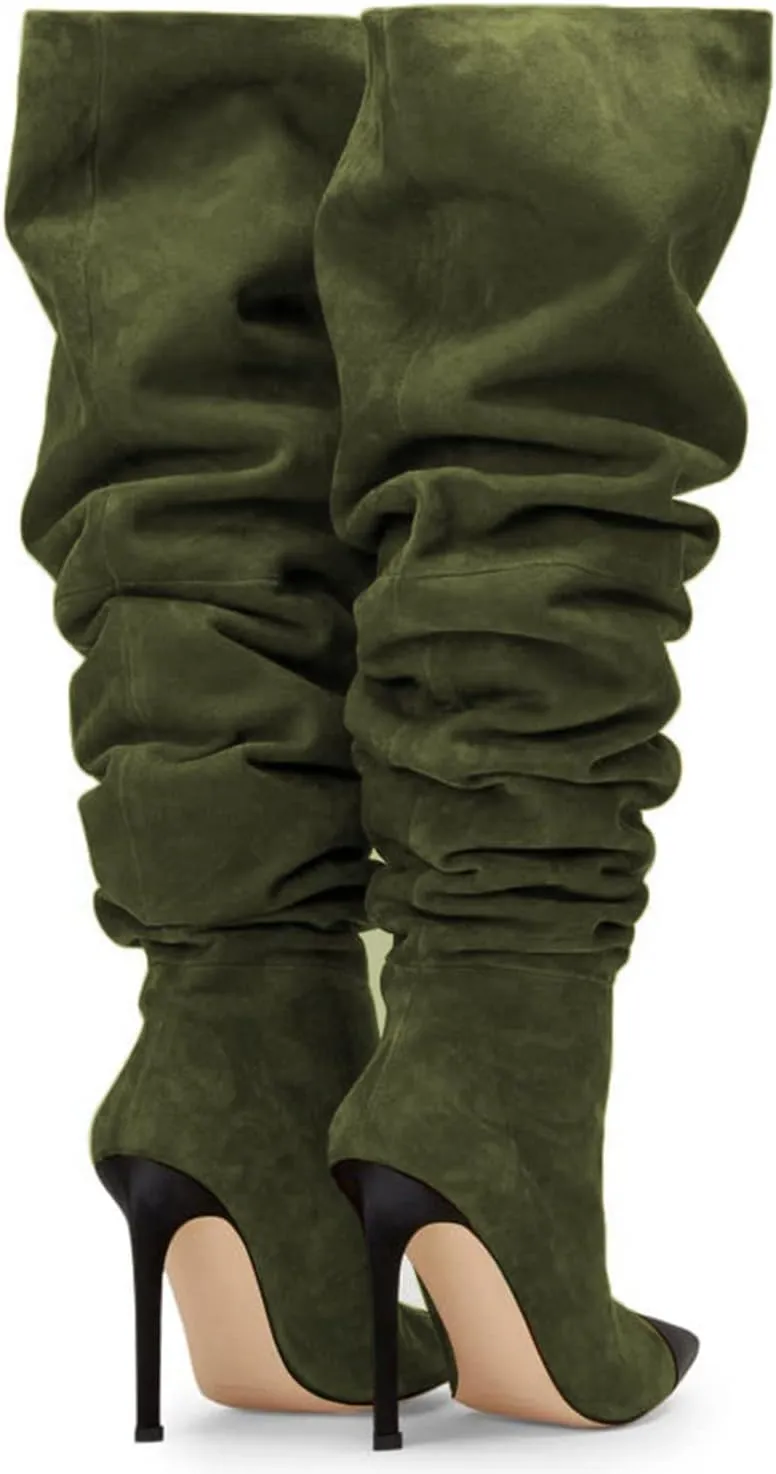 Women Soft Plicated Suede Stiletto Heel Knee High Boots, Sexy Cap Toe Thigh Boots, Retro Patchwork Black Mid-Calf Boots, Stretch Slip-on Winter Warm Boots for Dress up, Full Size 4-16 M US