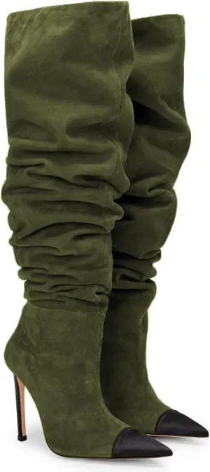 Women Soft Plicated Suede Stiletto Heel Knee High Boots, Sexy Cap Toe Thigh Boots, Retro Patchwork Black Mid-Calf Boots, Stretch Slip-on Winter Warm Boots for Dress up, Full Size 4-16 M US