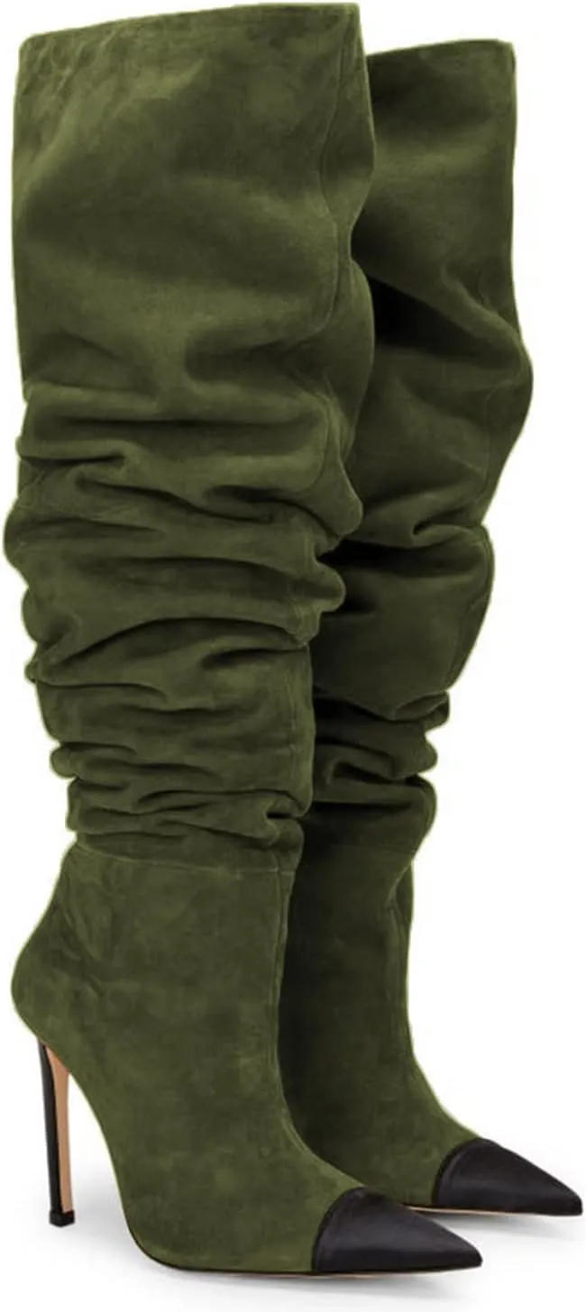 Women Soft Plicated Suede Stiletto Heel Knee High Boots, Sexy Cap Toe Thigh Boots, Retro Patchwork Black Mid-Calf Boots, Stretch Slip-on Winter Warm Boots for Dress up, Full Size 4-16 M US