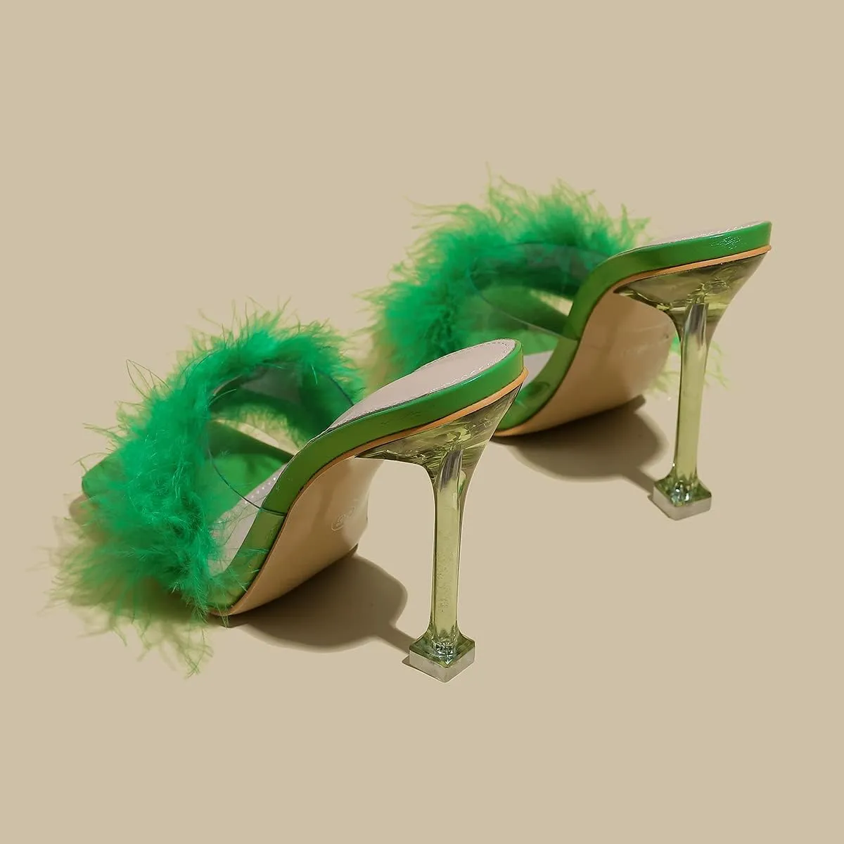 Women White Feather Clear PVC Slippers Square Toe Stilettos Slides Transparent Crystal High Heels Sandals Mules Party Shoes Glass Heels