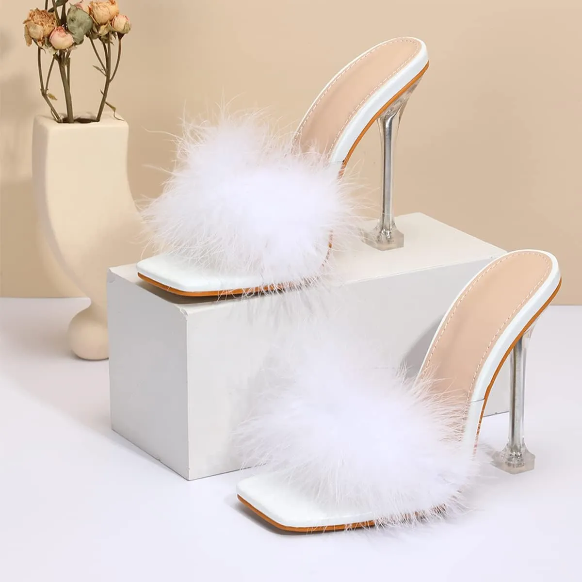 Women White Feather Clear PVC Slippers Square Toe Stilettos Slides Transparent Crystal High Heels Sandals Mules Party Shoes Glass Heels