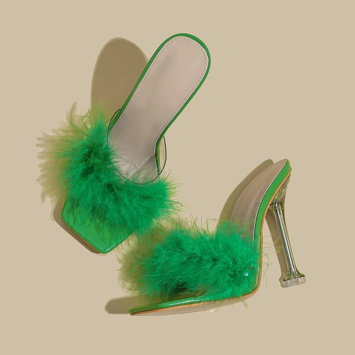 Women White Feather Clear PVC Slippers Square Toe Stilettos Slides Transparent Crystal High Heels Sandals Mules Party Shoes Glass Heels