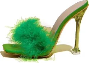 Women White Feather Clear PVC Slippers Square Toe Stilettos Slides Transparent Crystal High Heels Sandals Mules Party Shoes Glass Heels