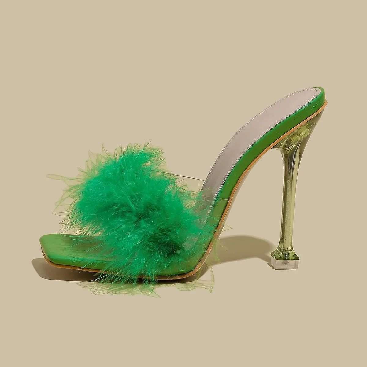 Women White Feather Clear PVC Slippers Square Toe Stilettos Slides Transparent Crystal High Heels Sandals Mules Party Shoes Glass Heels