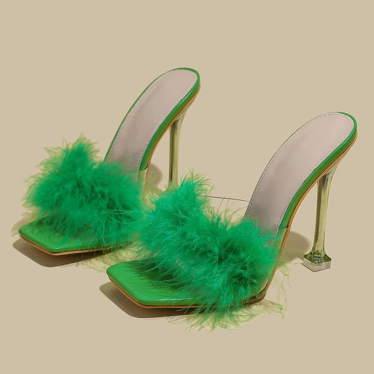 Women White Feather Clear PVC Slippers Square Toe Stilettos Slides Transparent Crystal High Heels Sandals Mules Party Shoes Glass Heels