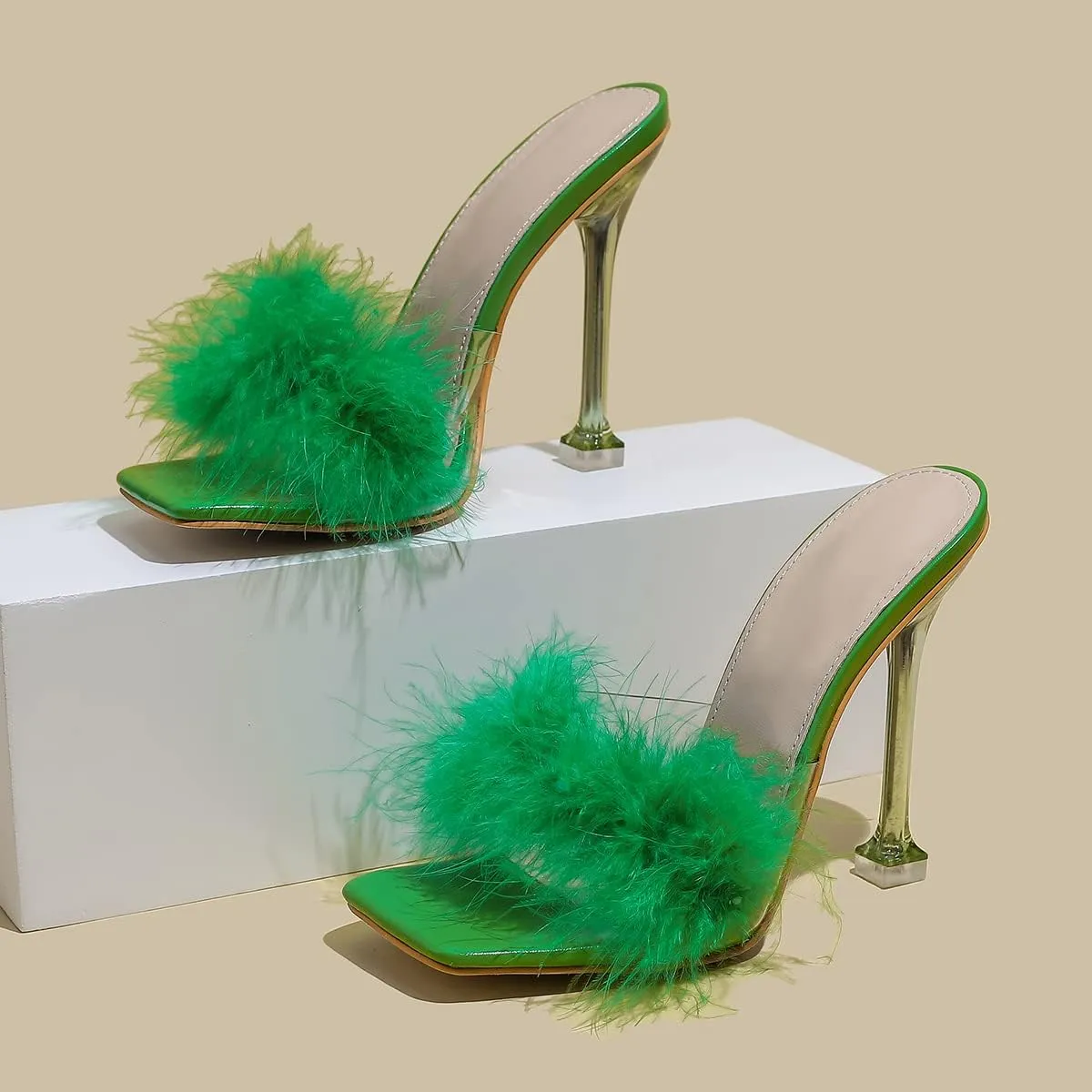 Women White Feather Clear PVC Slippers Square Toe Stilettos Slides Transparent Crystal High Heels Sandals Mules Party Shoes Glass Heels