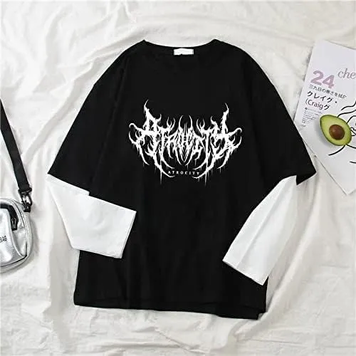Women Y2K Graphie Crop Tops Fairy Grunge Long Sleeves T Shirt Aesthetic Gothic Slim Fit Blouse Fairycore Streetwear