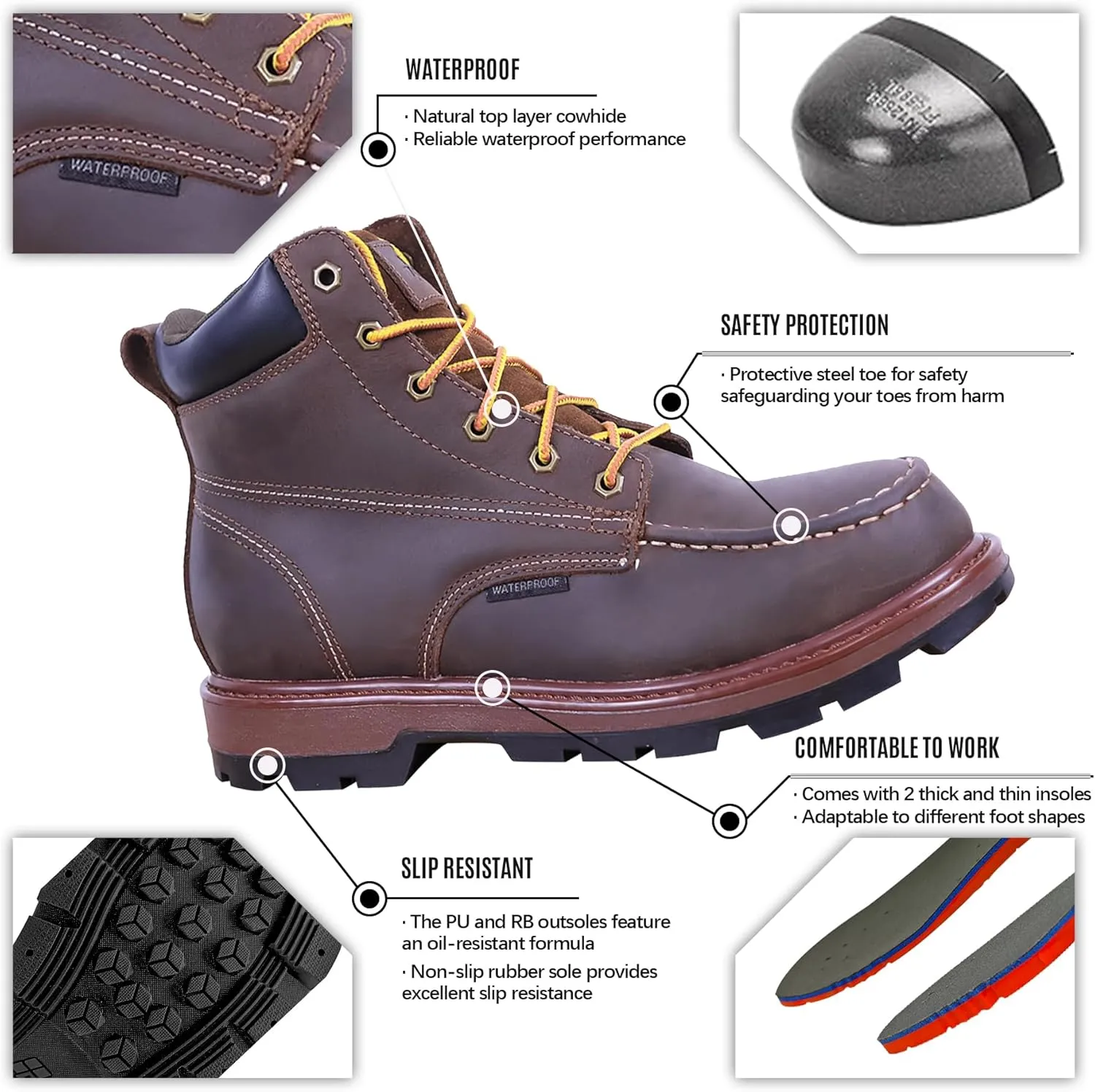 Womens 6" Work Boots - ASTM F2413 Safety Toe   Waterproof Insulated   Electrical Hazard   Slip & Oil Resistant   2 Adjustable Width Insoles