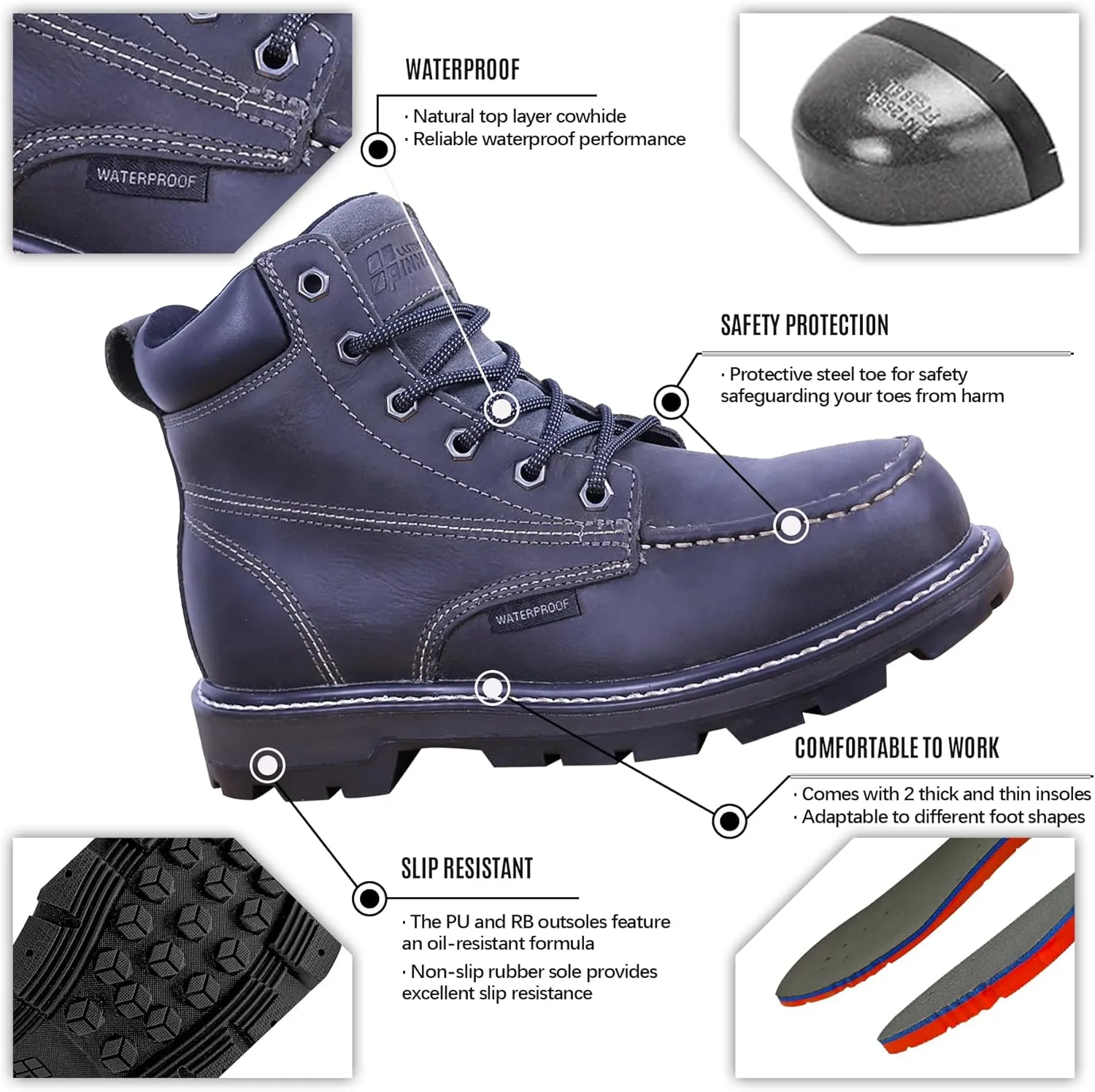 Womens 6" Work Boots - ASTM F2413 Safety Toe   Waterproof Insulated   Electrical Hazard   Slip & Oil Resistant   2 Adjustable Width Insoles