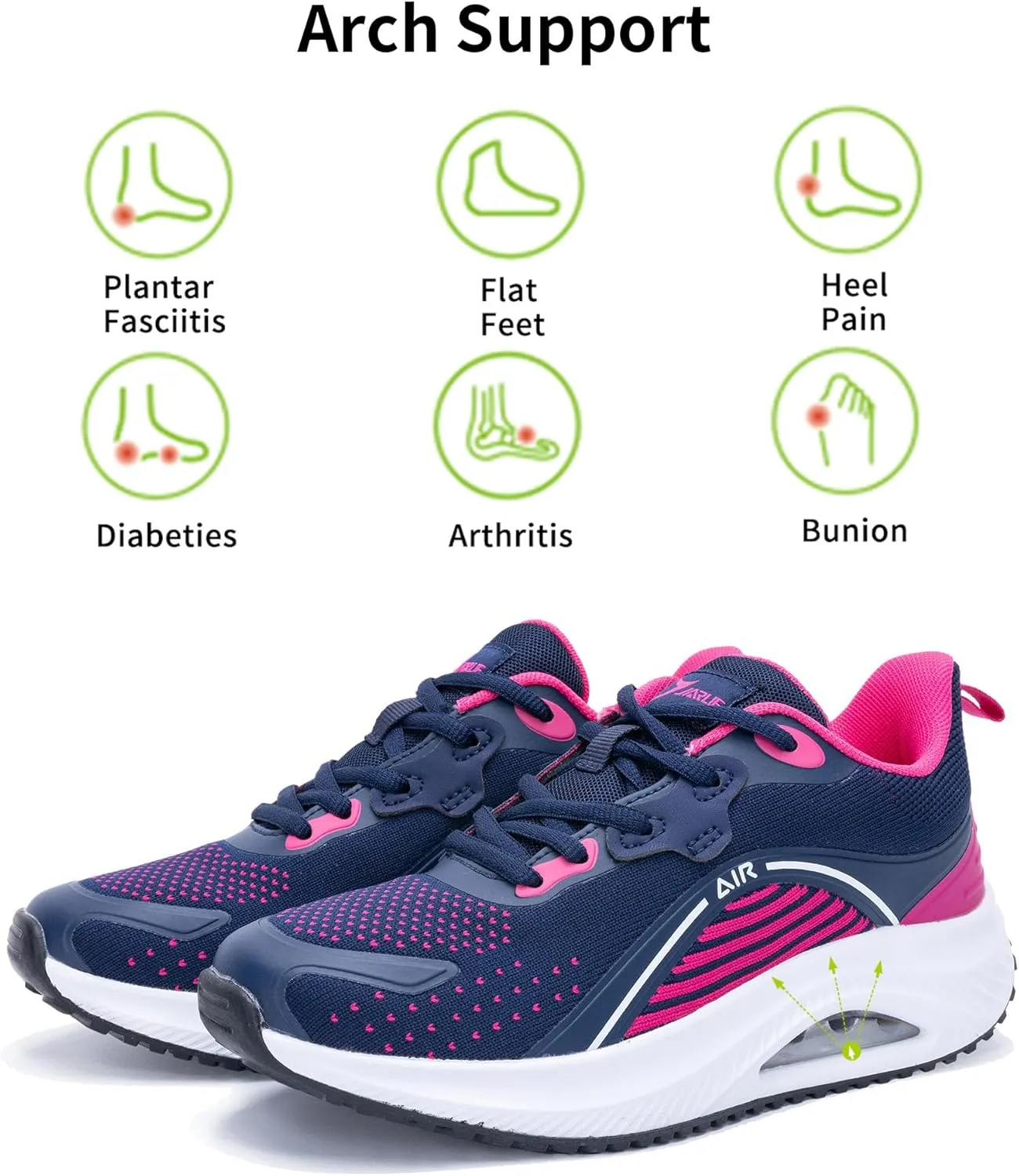 Womens Air Walking Shoes with Arch Support Tennis Orthotic Comfortable Sneakers for Plantar Fasciitis Pain Relief US 6-11