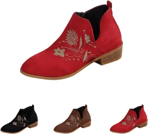 Womens Ankle Boots Low Heel Fashion Chunky Square Heels Side Zipper Flower Embroidery Short Booties Round Toe V Cut Shoes