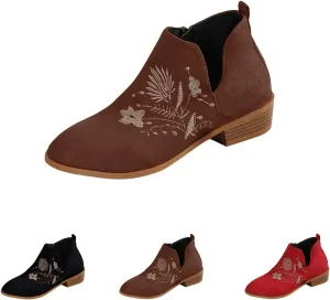 Womens Ankle Boots Low Heel Fashion Chunky Square Heels Side Zipper Flower Embroidery Short Booties Round Toe V Cut Shoes