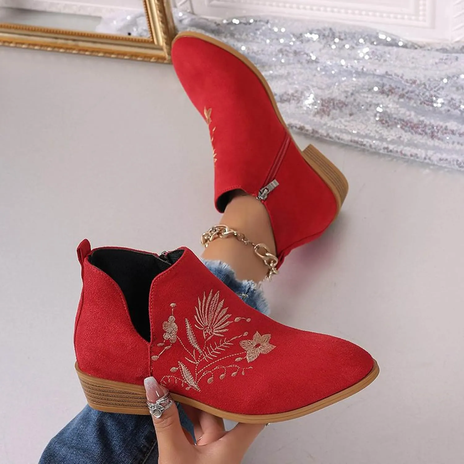 Womens Ankle Boots Low Heel Fashion Chunky Square Heels Side Zipper Flower Embroidery Short Booties Round Toe V Cut Shoes