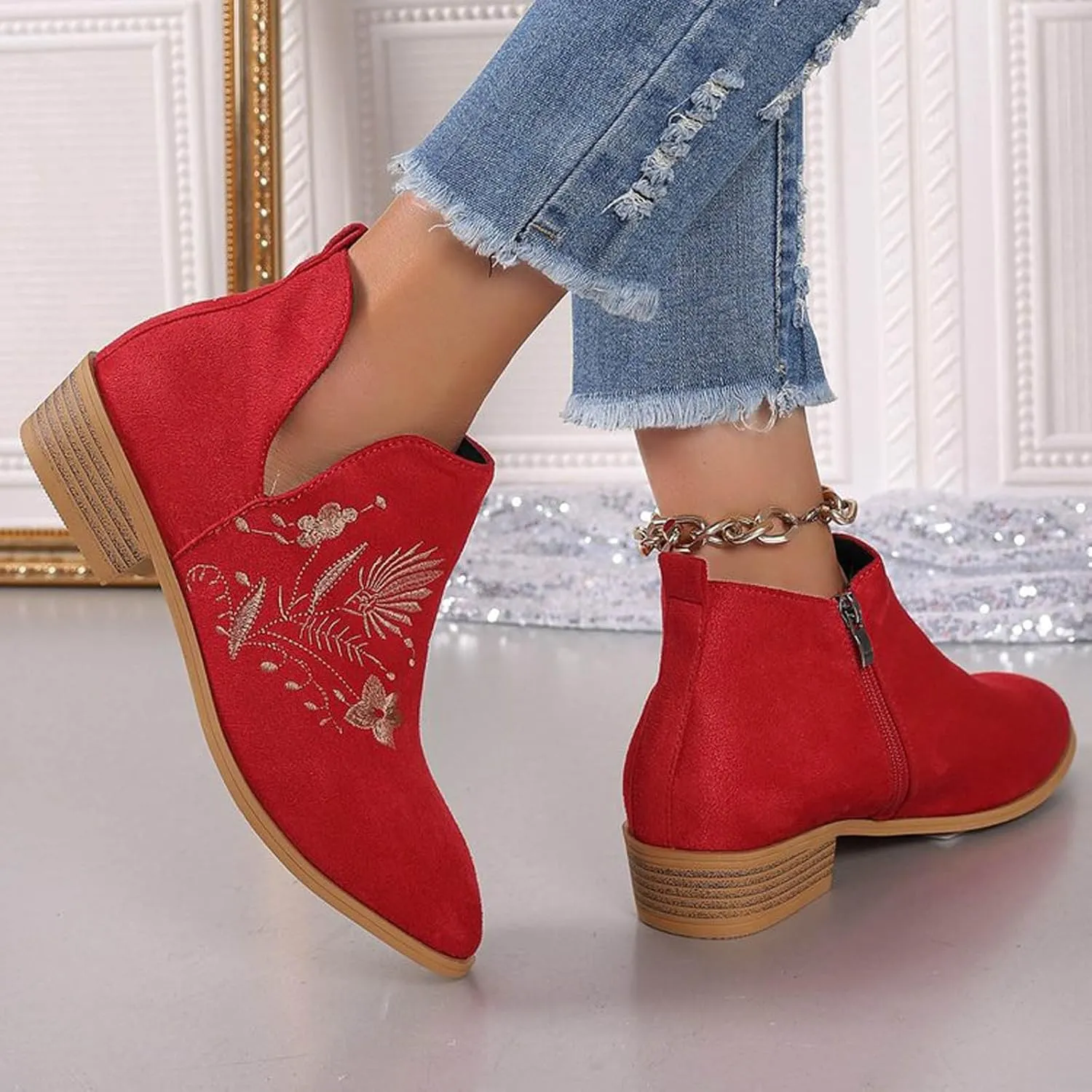 Womens Ankle Boots Low Heel Fashion Chunky Square Heels Side Zipper Flower Embroidery Short Booties Round Toe V Cut Shoes