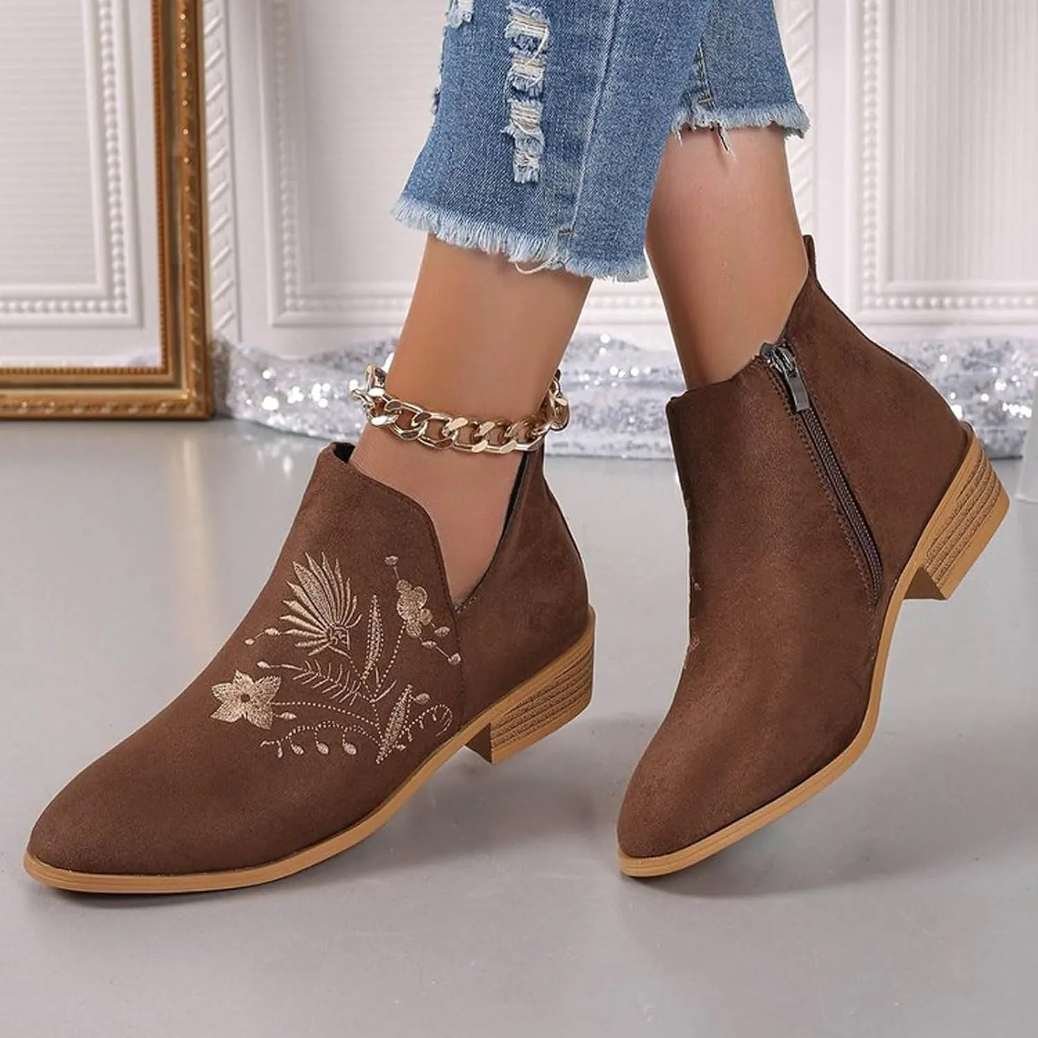 Womens Ankle Boots Low Heel Fashion Chunky Square Heels Side Zipper Flower Embroidery Short Booties Round Toe V Cut Shoes