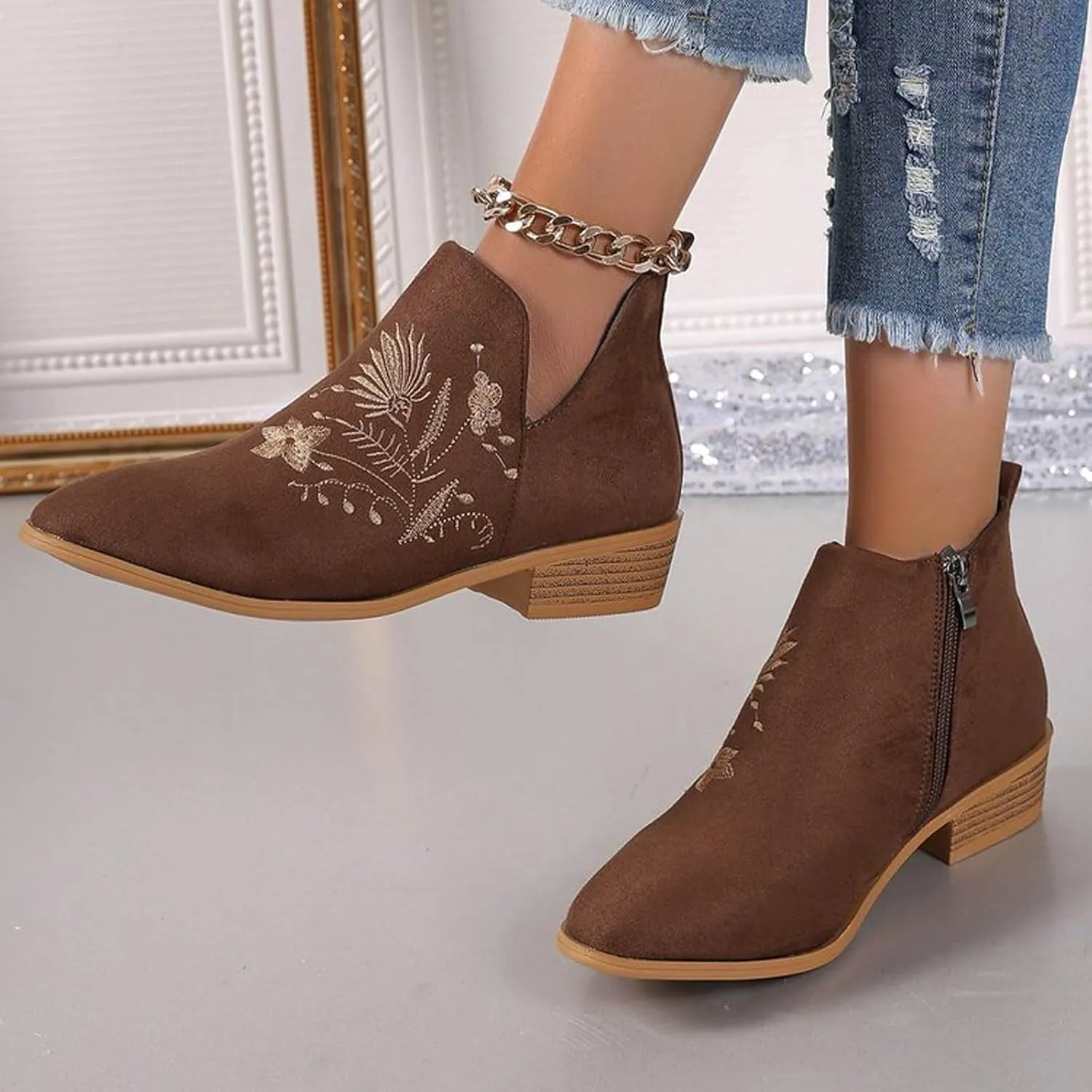 Womens Ankle Boots Low Heel Fashion Chunky Square Heels Side Zipper Flower Embroidery Short Booties Round Toe V Cut Shoes