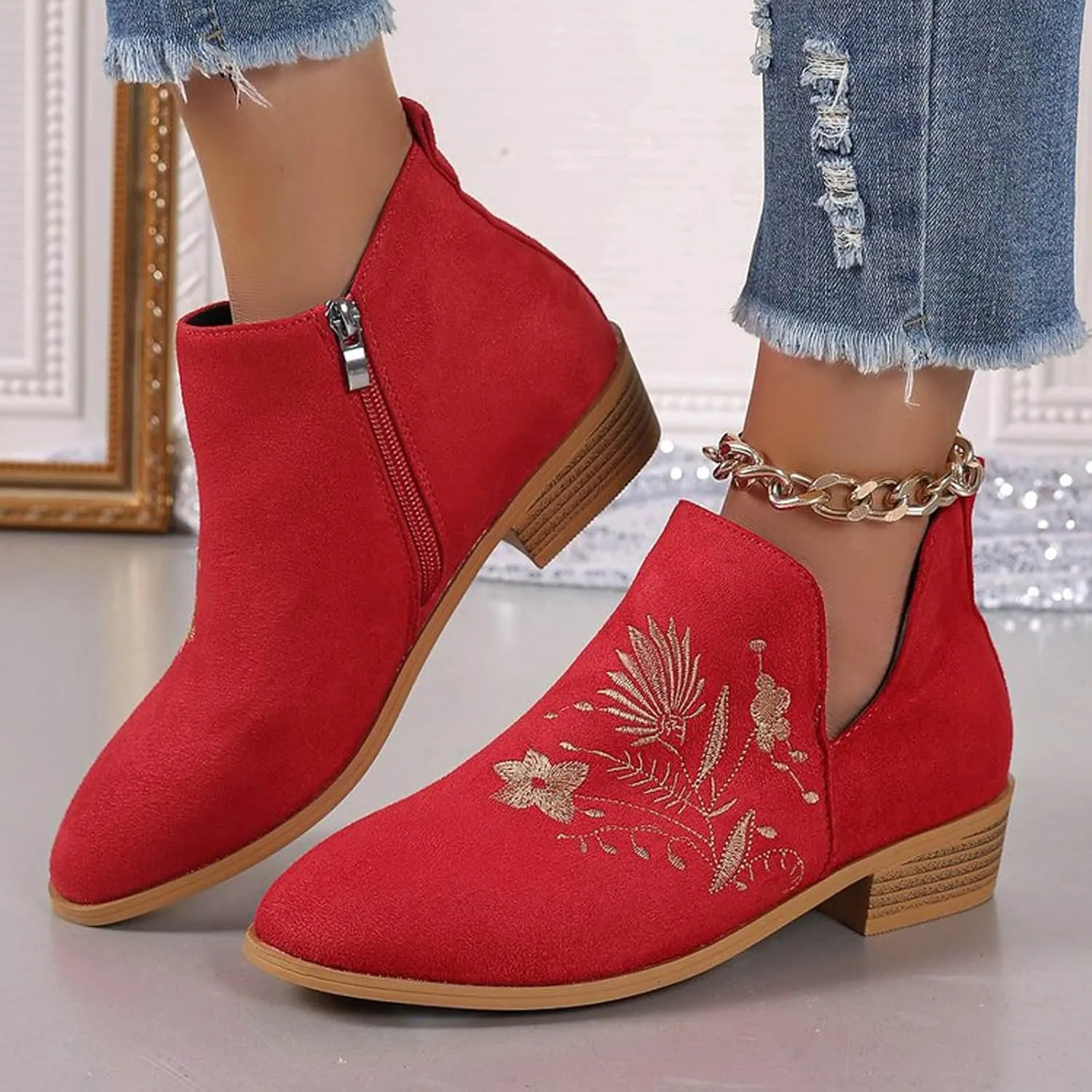 Womens Ankle Boots Low Heel Fashion Chunky Square Heels Side Zipper Flower Embroidery Short Booties Round Toe V Cut Shoes