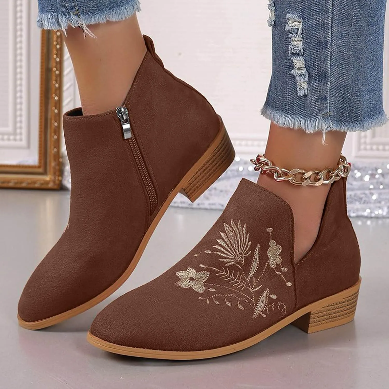Womens Ankle Boots Low Heel Fashion Chunky Square Heels Side Zipper Flower Embroidery Short Booties Round Toe V Cut Shoes