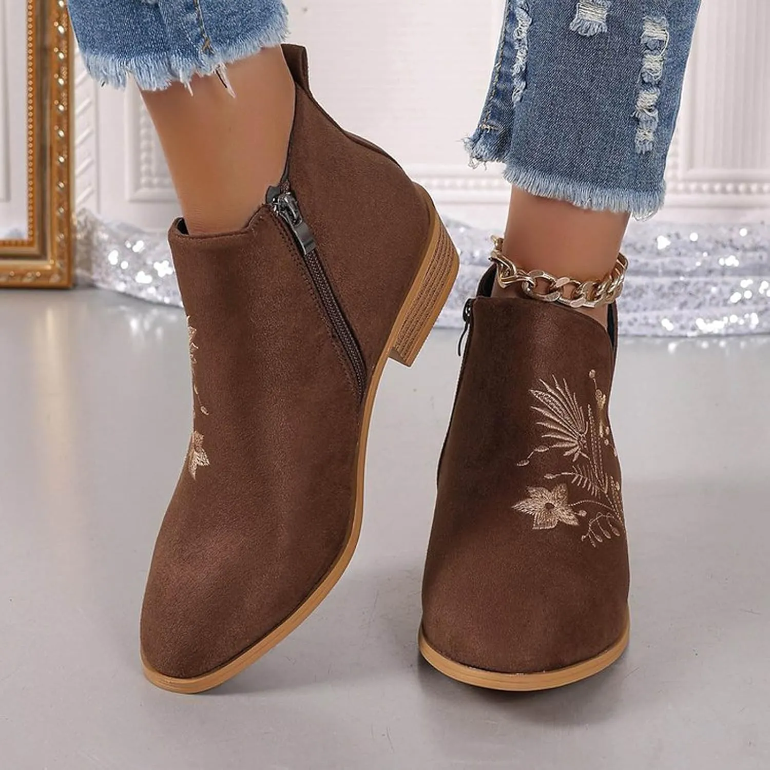 Womens Ankle Boots Low Heel Fashion Chunky Square Heels Side Zipper Flower Embroidery Short Booties Round Toe V Cut Shoes