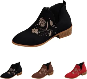 Womens Ankle Boots Low Heel Fashion Chunky Square Heels Side Zipper Flower Embroidery Short Booties Round Toe V Cut Shoes