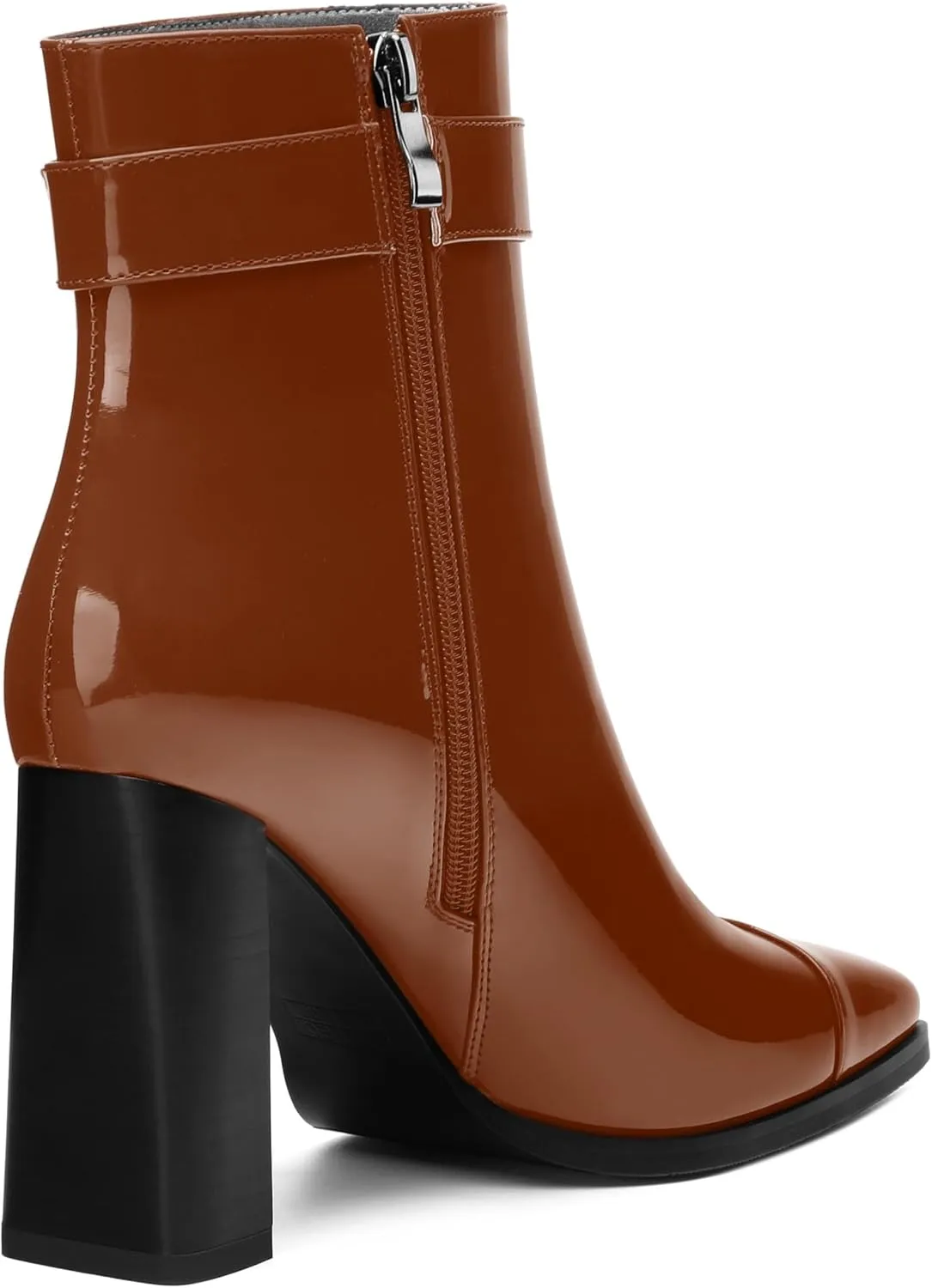 Womens Ankle Boots, Splicing Square Toe Chunky Heel Short Booties for Women, High Heel Ankle Boots with Shaft Strap and Buckle, Inside Zipper 3.5"