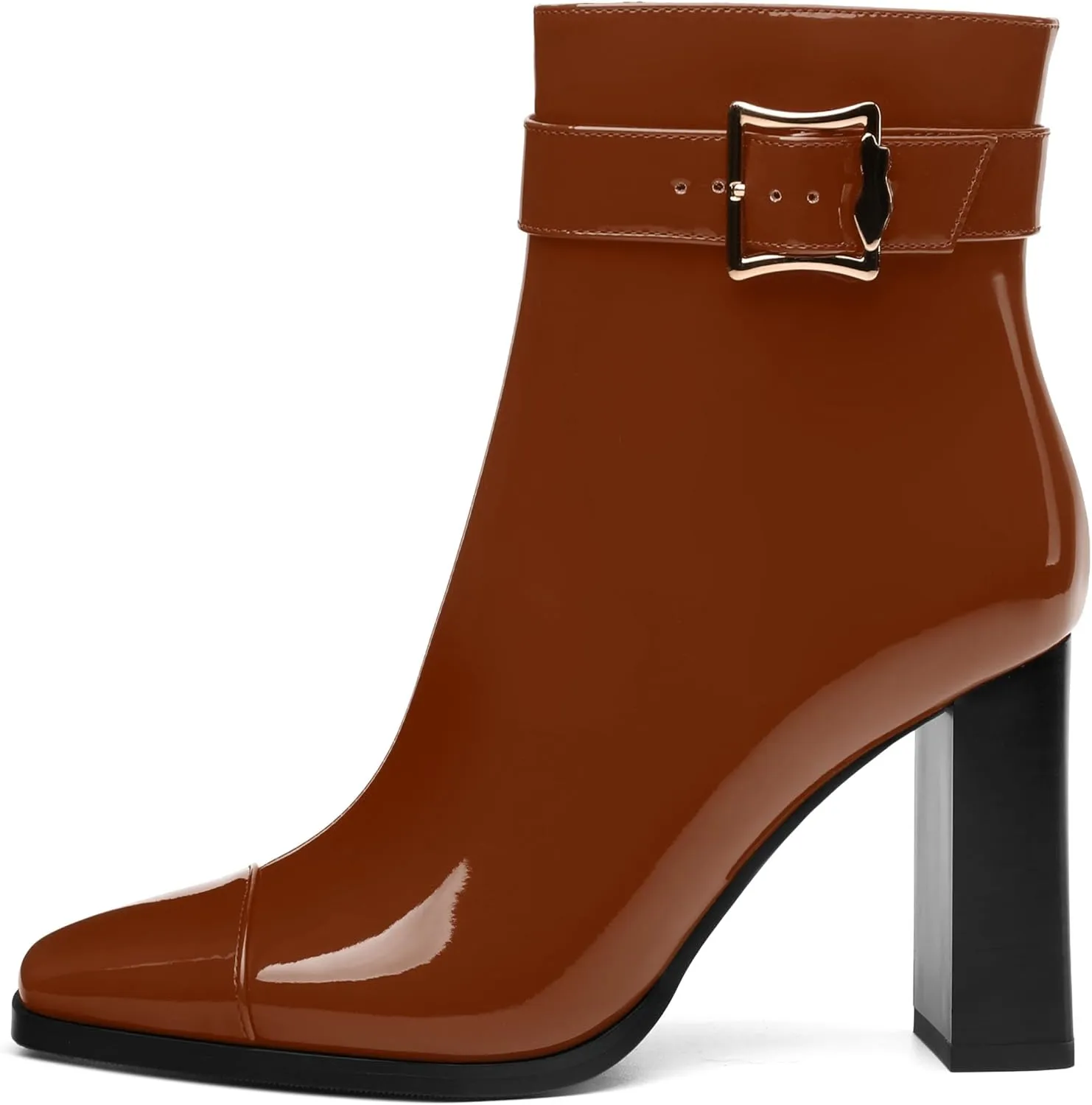 Womens Ankle Boots, Splicing Square Toe Chunky Heel Short Booties for Women, High Heel Ankle Boots with Shaft Strap and Buckle, Inside Zipper 3.5"