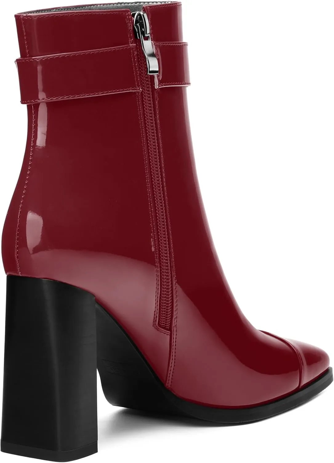 Womens Ankle Boots, Splicing Square Toe Chunky Heel Short Booties for Women, High Heel Ankle Boots with Shaft Strap and Buckle, Inside Zipper 3.5"