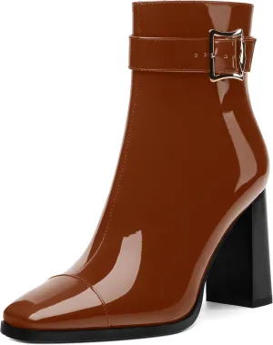 Womens Ankle Boots, Splicing Square Toe Chunky Heel Short Booties for Women, High Heel Ankle Boots with Shaft Strap and Buckle, Inside Zipper 3.5"