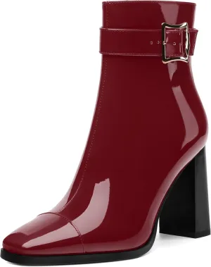 Womens Ankle Boots, Splicing Square Toe Chunky Heel Short Booties for Women, High Heel Ankle Boots with Shaft Strap and Buckle, Inside Zipper 3.5"