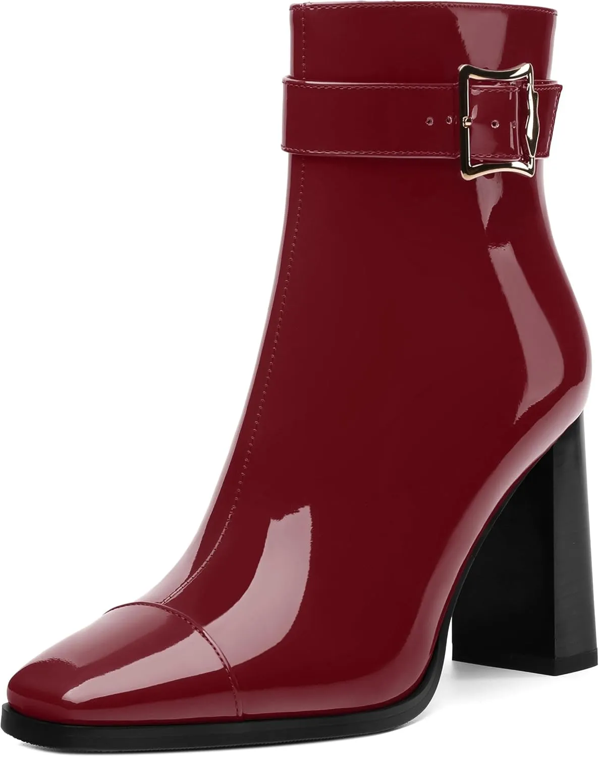 Womens Ankle Boots, Splicing Square Toe Chunky Heel Short Booties for Women, High Heel Ankle Boots with Shaft Strap and Buckle, Inside Zipper 3.5"