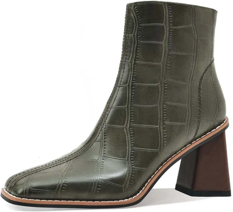 Womens Ankle Boots Zipper Chunky Mid Heel Boot Retro Square Pointed Toe Short Boots Heeled Shoes for Women Fall Winter