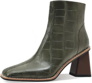 Womens Ankle Boots Zipper Chunky Mid Heel Boot Retro Square Pointed Toe Short Boots Heeled Shoes for Women Fall Winter