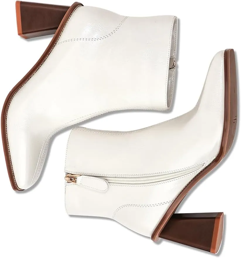 Womens Ankle Boots Zipper Chunky Mid Heel Boot Retro Square Pointed Toe Short Boots Heeled Shoes for Women Fall Winter