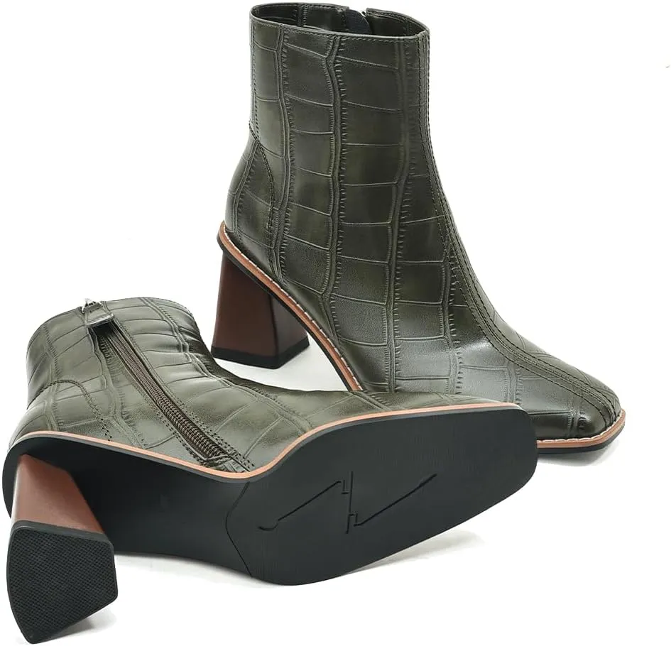 Womens Ankle Boots Zipper Chunky Mid Heel Boot Retro Square Pointed Toe Short Boots Heeled Shoes for Women Fall Winter