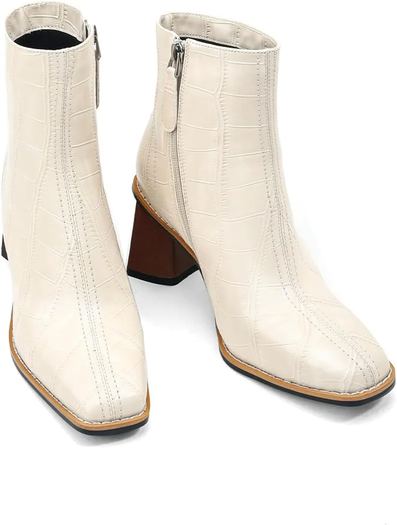 Womens Ankle Boots Zipper Chunky Mid Heel Boot Retro Square Pointed Toe Short Boots Heeled Shoes for Women Fall Winter