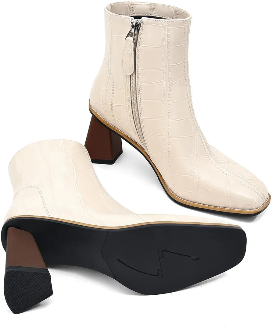 Womens Ankle Boots Zipper Chunky Mid Heel Boot Retro Square Pointed Toe Short Boots Heeled Shoes for Women Fall Winter
