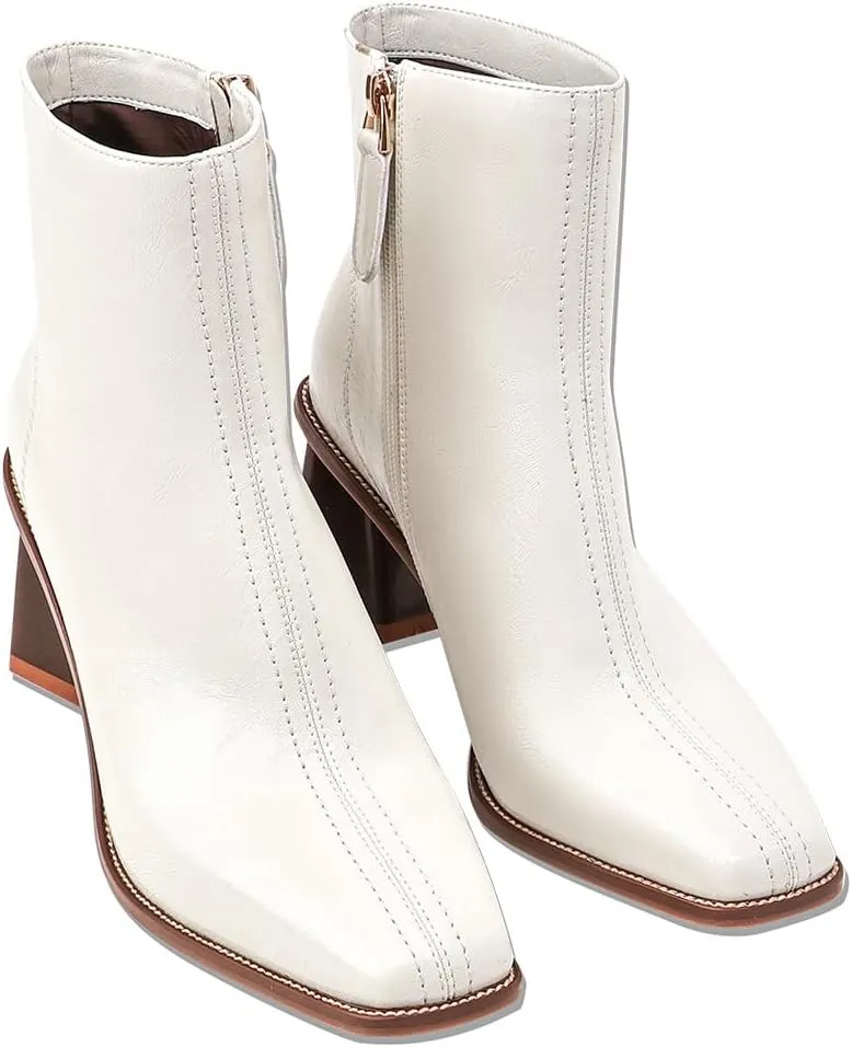 Womens Ankle Boots Zipper Chunky Mid Heel Boot Retro Square Pointed Toe Short Boots Heeled Shoes for Women Fall Winter