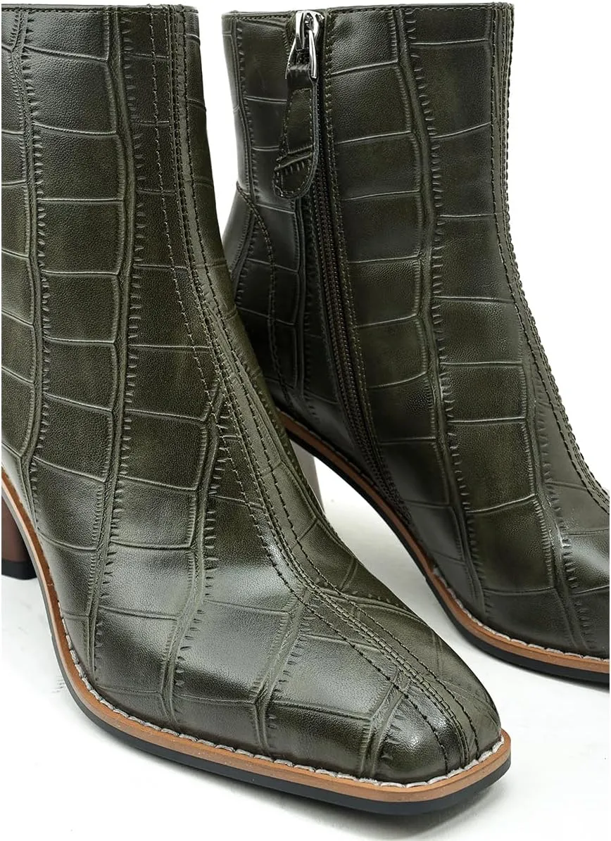 Womens Ankle Boots Zipper Chunky Mid Heel Boot Retro Square Pointed Toe Short Boots Heeled Shoes for Women Fall Winter