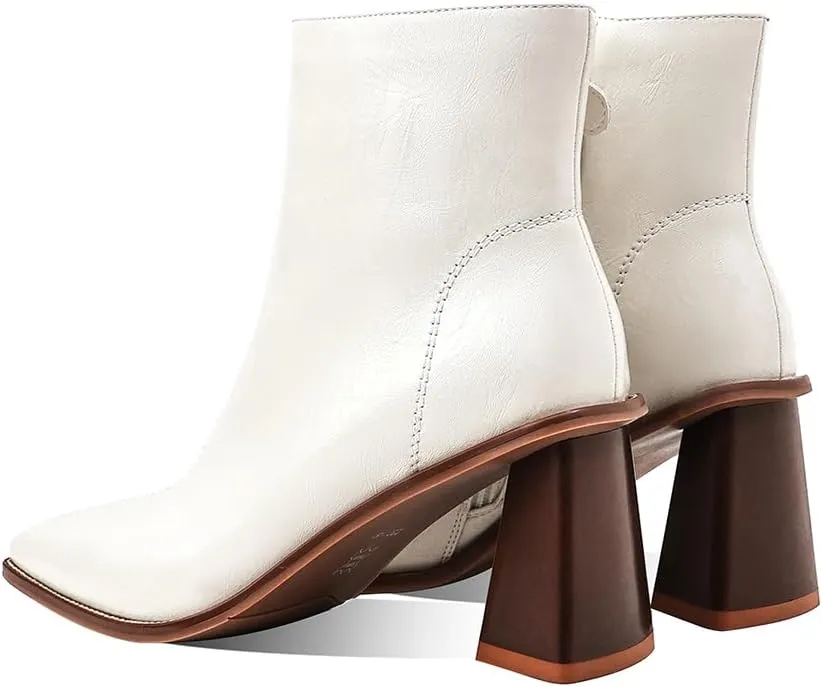 Womens Ankle Boots Zipper Chunky Mid Heel Boot Retro Square Pointed Toe Short Boots Heeled Shoes for Women Fall Winter