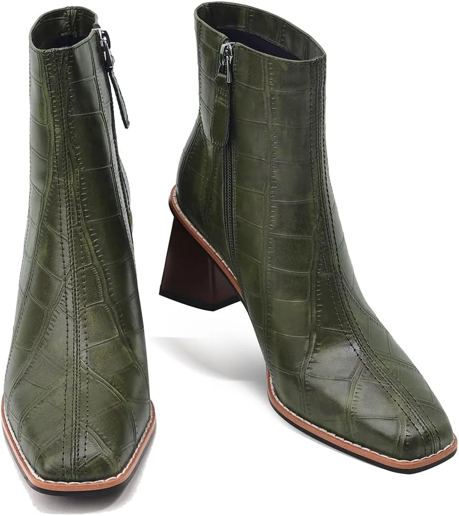 Womens Ankle Boots Zipper Chunky Mid Heel Boot Retro Square Pointed Toe Short Boots Heeled Shoes for Women Fall Winter