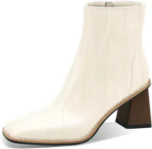 Womens Ankle Boots Zipper Chunky Mid Heel Boot Retro Square Pointed Toe Short Boots Heeled Shoes for Women Fall Winter