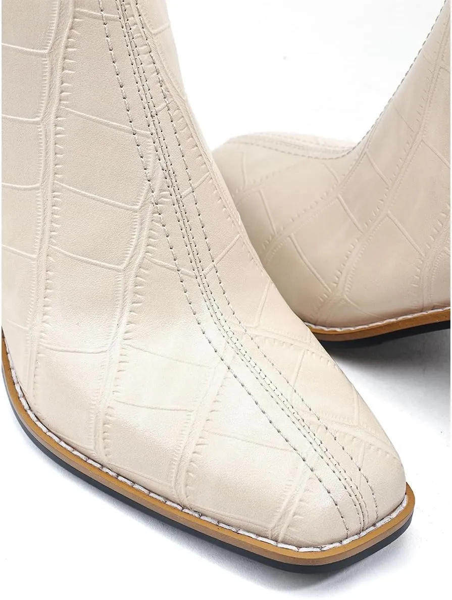 Womens Ankle Boots Zipper Chunky Mid Heel Boot Retro Square Pointed Toe Short Boots Heeled Shoes for Women Fall Winter