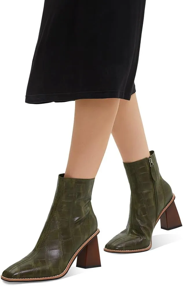 Womens Ankle Boots Zipper Chunky Mid Heel Boot Retro Square Pointed Toe Short Boots Heeled Shoes for Women Fall Winter