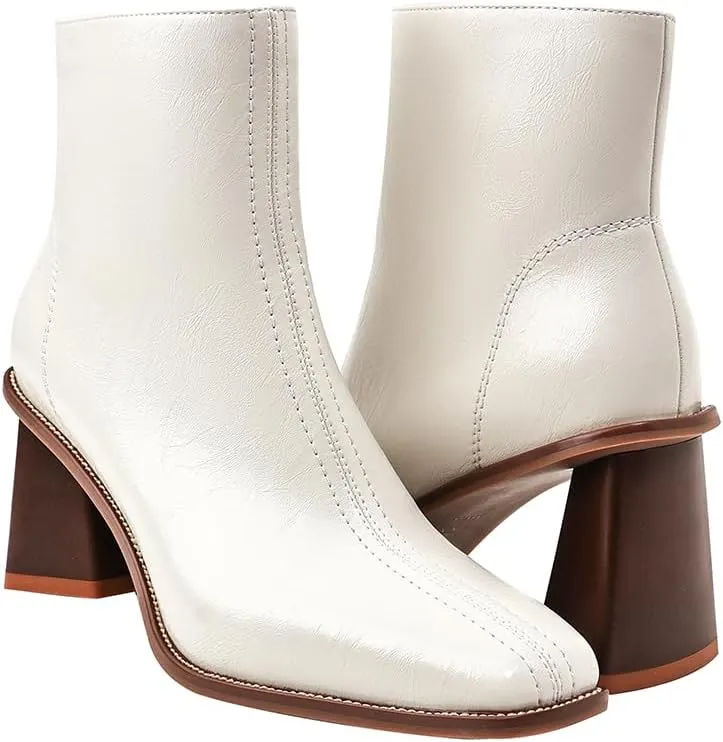 Womens Ankle Boots Zipper Chunky Mid Heel Boot Retro Square Pointed Toe Short Boots Heeled Shoes for Women Fall Winter