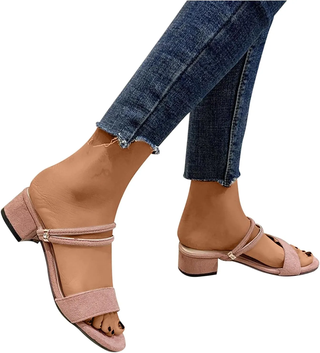 Women's Ankle Double Strappy Sandal Thick Strap Solid Low heel Open Toe Summer Spring Sandals Elegant Trendy Shoe