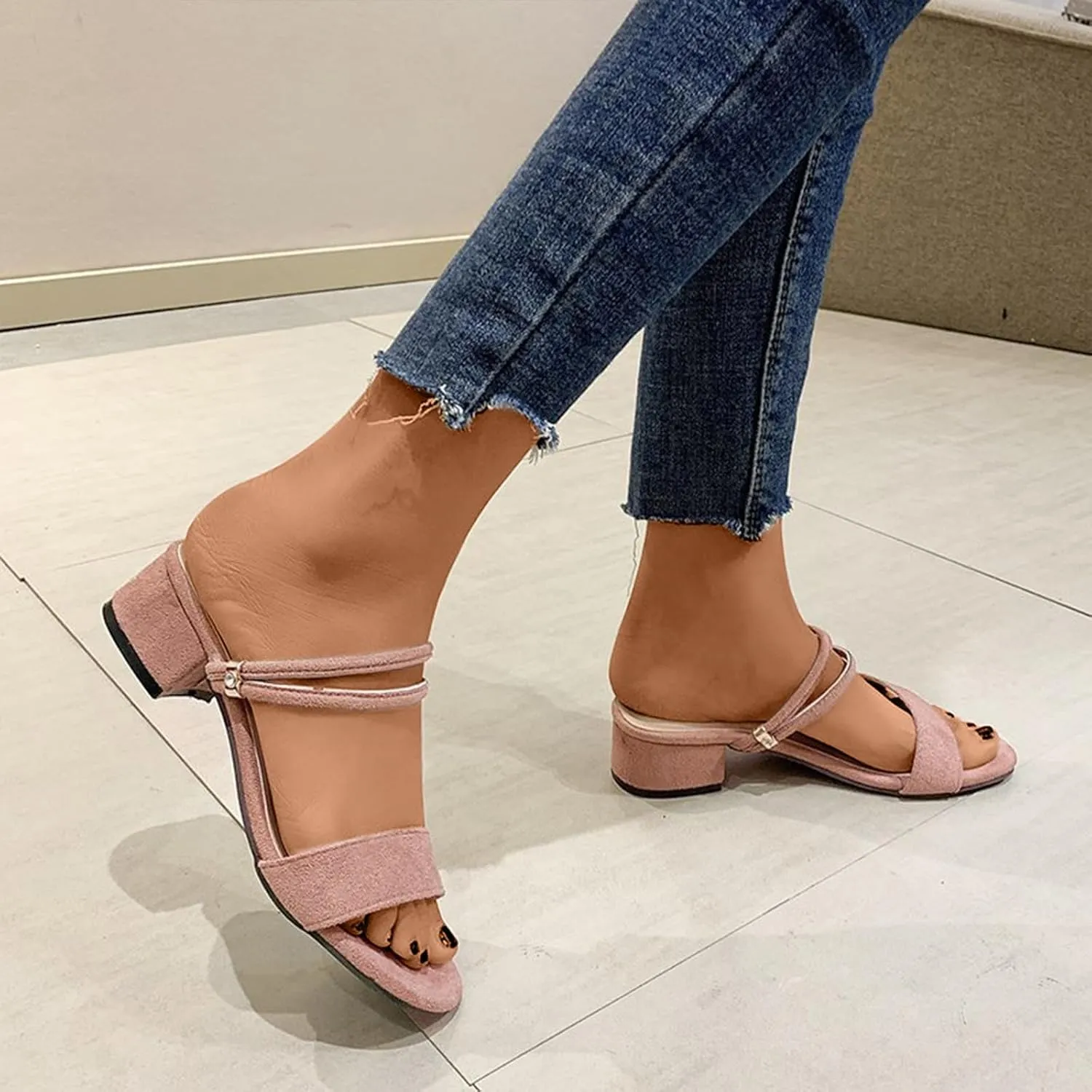 Women's Ankle Double Strappy Sandal Thick Strap Solid Low heel Open Toe Summer Spring Sandals Elegant Trendy Shoe
