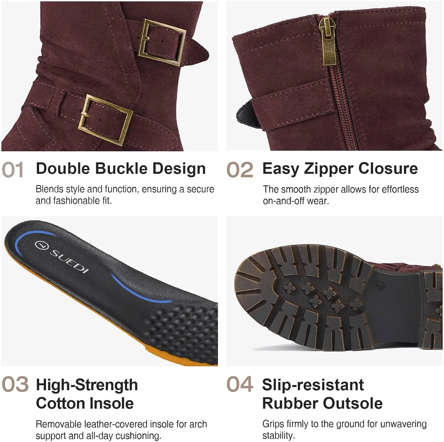 Women's Biker Boots Motorcycle Boots Buckle Mid Calf Boots Low Heel Combat Riding Military Boots for Women
