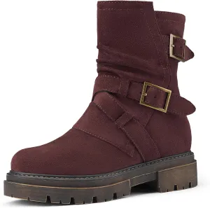 Women's Biker Boots Motorcycle Boots Buckle Mid Calf Boots Low Heel Combat Riding Military Boots for Women